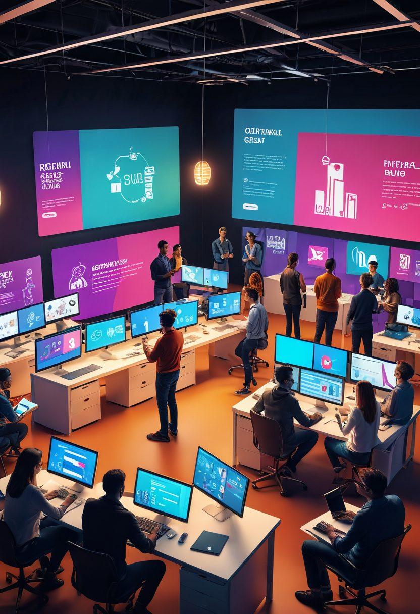 A dynamic scene depicting a diverse group of content creators collaborating in a modern digital hub filled with screens displaying vibrant posts, graphs, and hashtags. Show enthusiastic interaction and brainstorming sessions with notes and digital devices around. Emphasize the concept of influence with subtle visual cues like social media icons emanating from the characters. The environment should feel energetic and interconnected. bright colors. 3D. digital art.