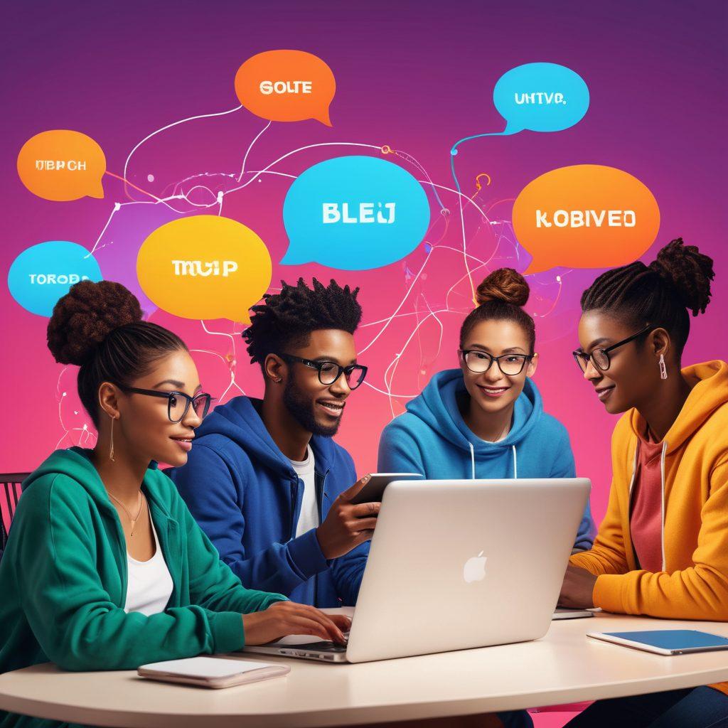 A diverse group of bloggers collaborating in a vibrant online community space, illustrated with colorful chat bubbles and interconnected lines symbolizing networking. Include laptops, tablets, and people of different backgrounds enthusiastically sharing ideas. The scene should convey a sense of unity and support among creators, with digital tools and resources spread around. super-realistic. vibrant colors. modern digital art.